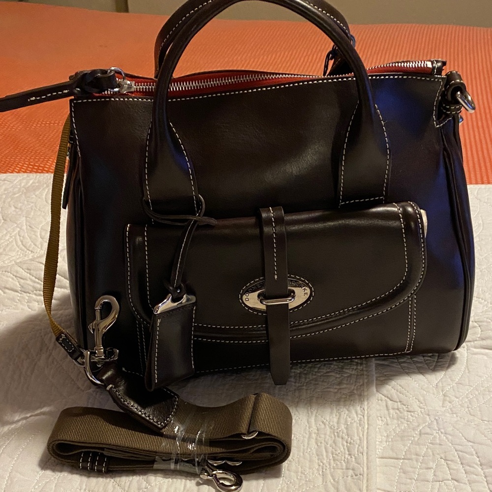 Dooney & Bourke Dark Brown Satchel with Tan Strap